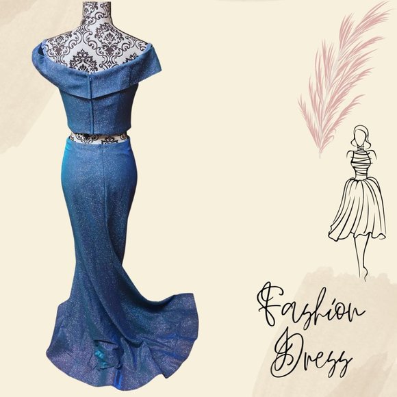 Blue Shimmer Off the Shoulder Crop Top Long Skirt - Size 4 - Picture 3 of 7